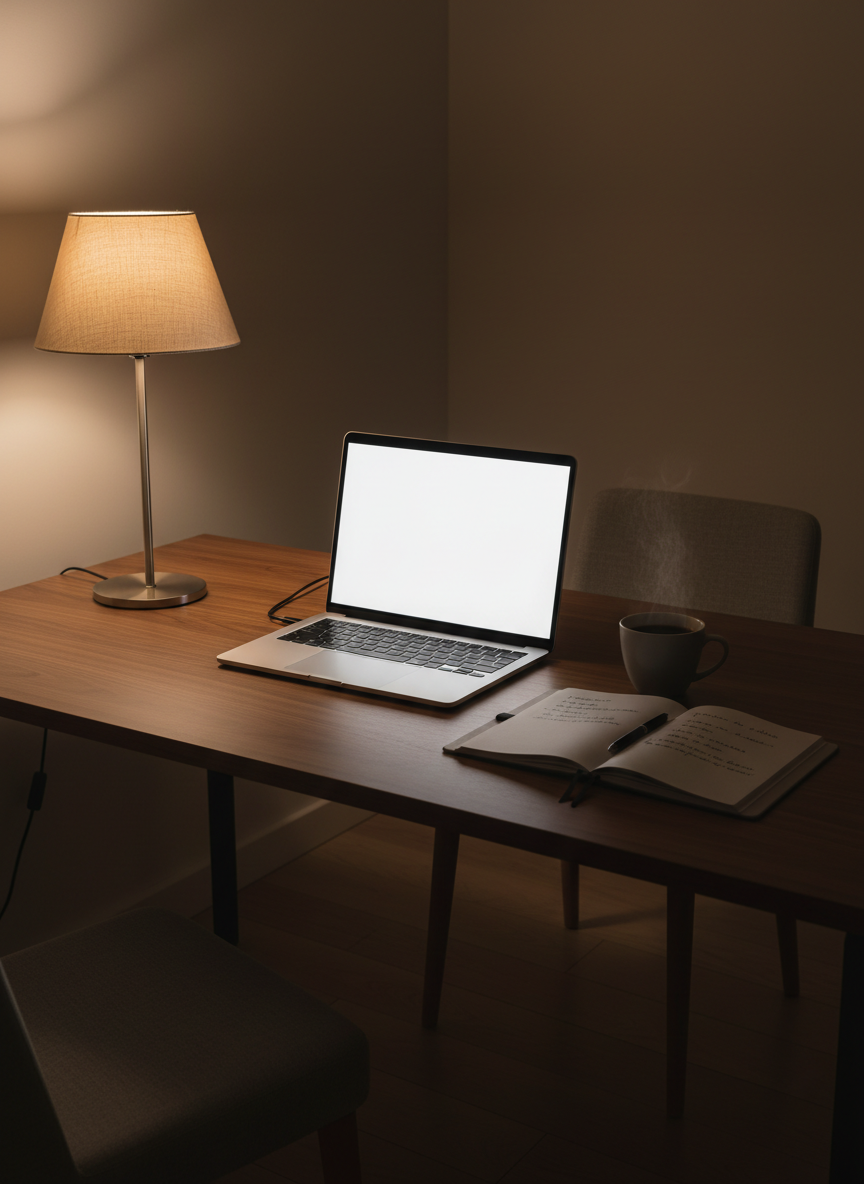 Um escritório minimalista em tons neutros, com uma escrivaninha de nogueira perfeitamente organizada. Sobre ela, um notebook fino em metal escovado exibe apenas uma tela branca luminosa, criando contraste com o ambiente discreto. Ao lado, um bloco de notas com anotações manuscritas em português, parcialmente visível, e uma xícara de porcelana cinza com café escuro. A luz é de fim de noite, vinda de um elegante abajur de mesa com cúpula de linho bege, projetando um círculo quente de claridade sobre a superfície e deixando o restante do ambiente em penumbra suave. Fotografia em estilo editorial, tomada em ângulo de três quartos, clima sofisticado, silencioso e reflexivo, evocando o ato solitário de escrever crônicas e pensamentos.